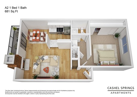 Floor plan for 1 bed, 1 bath, 681 sqft